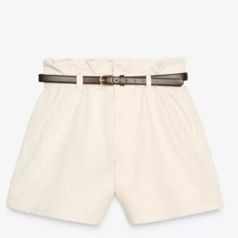 ZARA Z1975 High-Waisted Paperbag Denim Shorts Ecru Cream 27 US 4